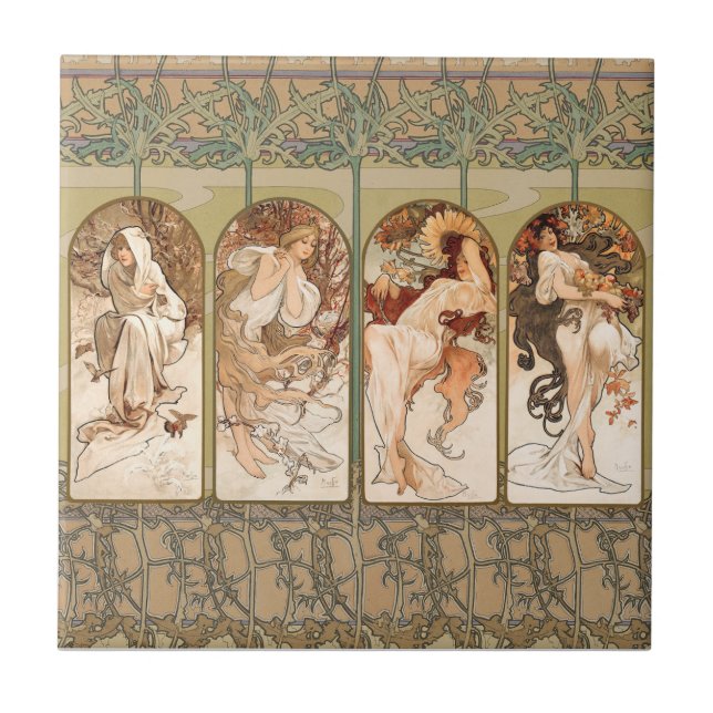 Alphonse Mucha Four Seasons 1897 Art Nouveau Panel Tile (Front)