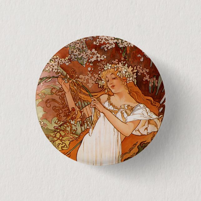 Alphonse Mucha, Four Seasons, Spring 3 Cm Round Badge (Front)