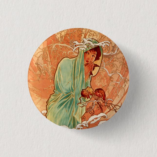 Alphonse Mucha, Four Seasons, Winter 3 Cm Round Badge (Front)