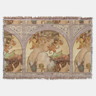 Alphonse Mucha Fruit Art Nouveau Vintage Maiden Throw Blanket