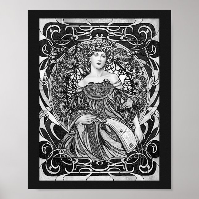 Alphonse Mucha Girl in Black and White Art Nouveau Poster (Front)