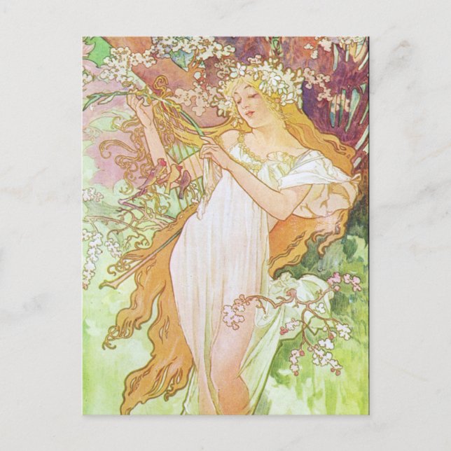 Alphonse Mucha Girl In Garden Art Nouveau Artwork Postcard (Front)
