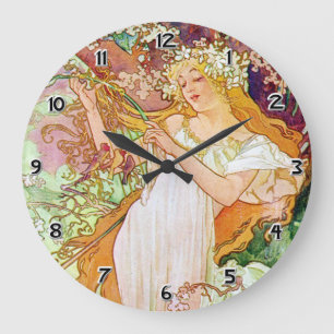 Alphonse Mucha Girl In Garden Large Clock