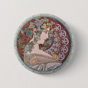 Alphonse Mucha Ivy Art Nouveau Round Button Pin