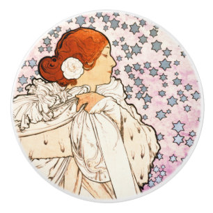 Alphonse Mucha La Dame 1896 Art Nouveau Vintage Ceramic Knob