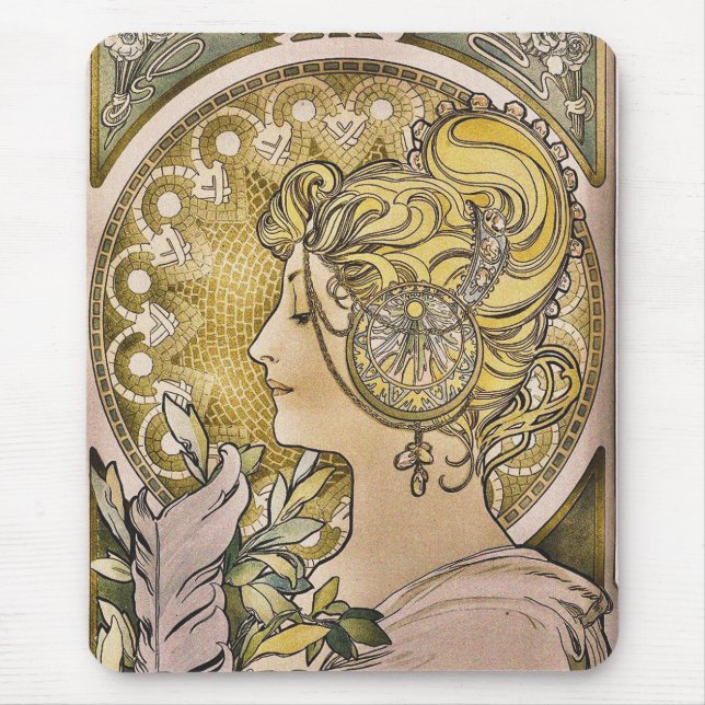 Alphonse Mucha, La Plume Pretty Girl Mouse Mat (Front)