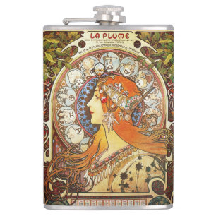 Alphonse Mucha La Plume Zodiac Art Nouveau Vintage Hip Flask