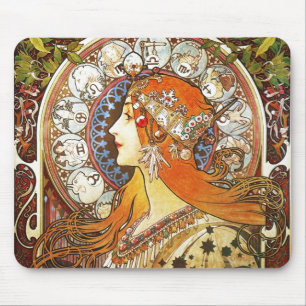 Alphonse Mucha La Plume Zodiac Art Nouveau Vintage Mouse Mat