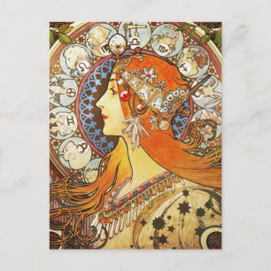 Alphonse Mucha La Plume Zodiac Art Nouveau Vintage Postcard