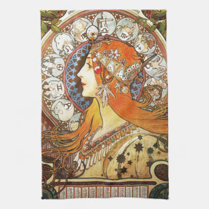 Alphonse Mucha La Plume Zodiac Art Nouveau Vintage Tea Towel