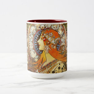 Alphonse Mucha La Plume Zodiac Art Nouveau Vintage Two-Tone Coffee Mug