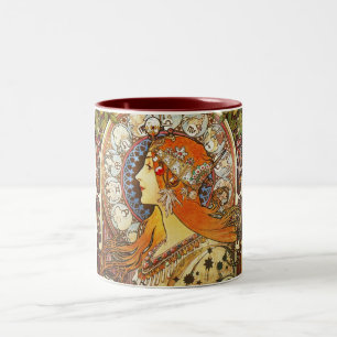 Alphonse Mucha La Plume Zodiac Art Nouveau Vintage Two-Tone Coffee Mug