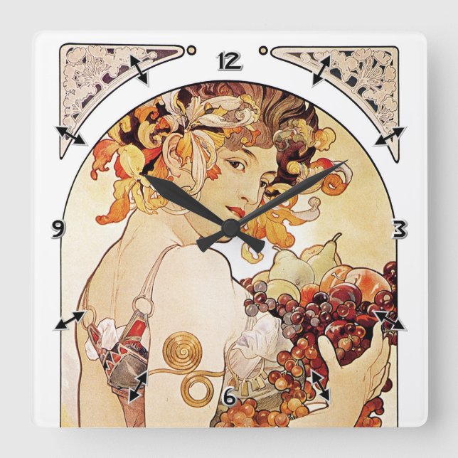 Alphonse Mucha Lady With Fruit Square Wall Clock (Front)