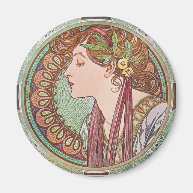 Alphonse Mucha Laurel Art Nouveau Round Magnet (Front)
