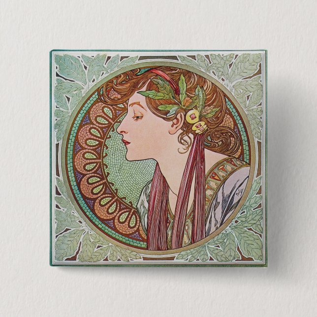 Alphonse Mucha Laurel Art Nouveau Square Button (Front)