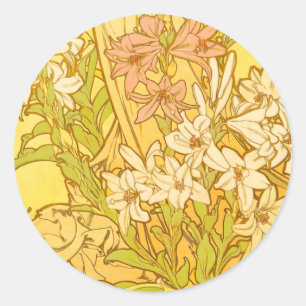 Alphonse Mucha Lily Flowers Pattern: Art Nouveau Classic Round Sticker