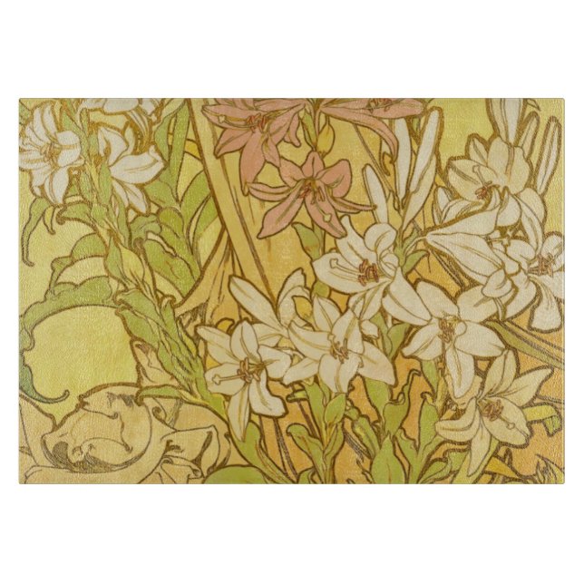 Alphonse Mucha Lily Flowers Pattern: Art Nouveau  Cutting Board (Front)