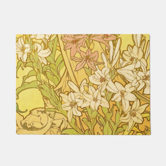 Alphonse Mucha Lily Flowers Pattern: Art Nouveau  Doormat (Front)