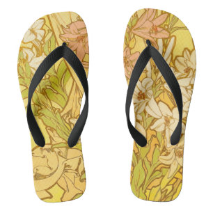 Alphonse Mucha Lily Flowers Pattern: Art Nouveau  Flip Flops