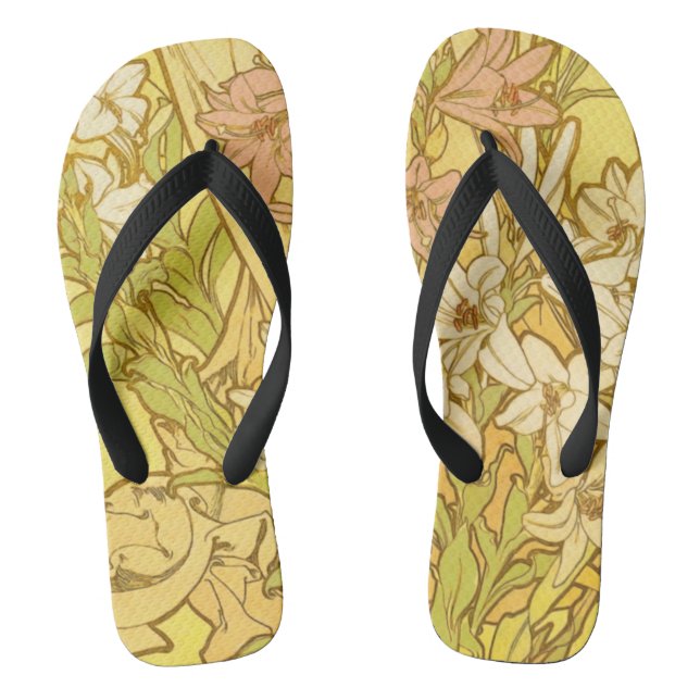 Alphonse Mucha Lily Flowers Pattern: Art Nouveau  Flip Flops (Footbed)