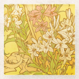 Alphonse Mucha Lily Flowers Pattern: Art Nouveau  Glass Coaster
