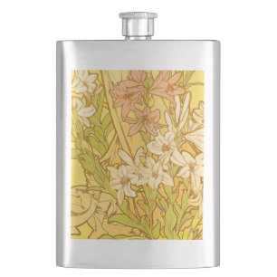 Alphonse Mucha Lily Flowers Pattern: Art Nouveau  Hip Flask