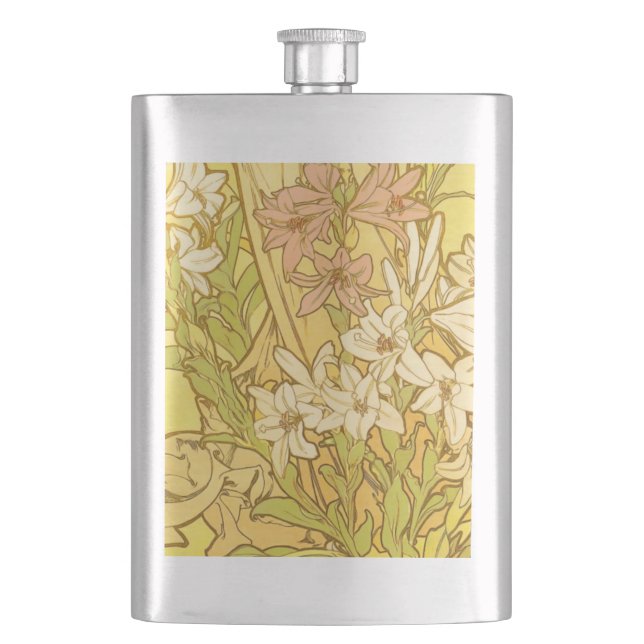 Alphonse Mucha Lily Flowers Pattern: Art Nouveau  Hip Flask (Front)
