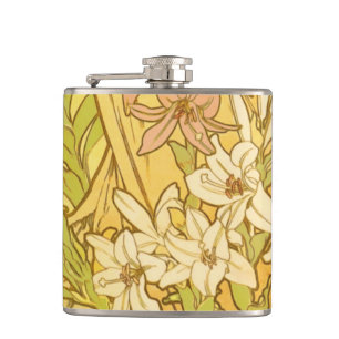 Alphonse Mucha Lily Flowers Pattern: Art Nouveau  Hip Flask