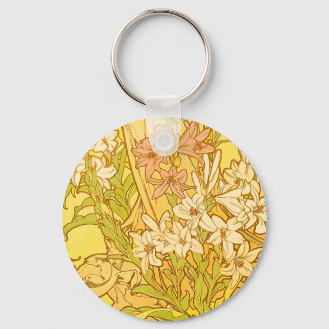Alphonse Mucha Lily Flowers Pattern: Art Nouveau  Key Ring (Front)