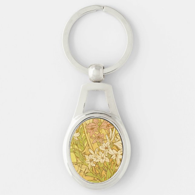 Alphonse Mucha Lily Flowers Pattern: Art Nouveau  Key Ring (Front)