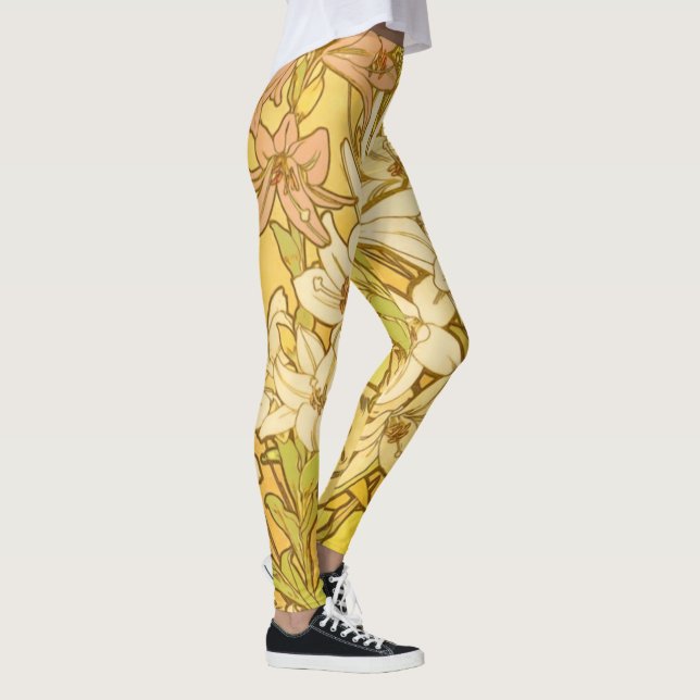 Alphonse Mucha Lily Flowers Pattern: Art Nouveau  Leggings (Right)