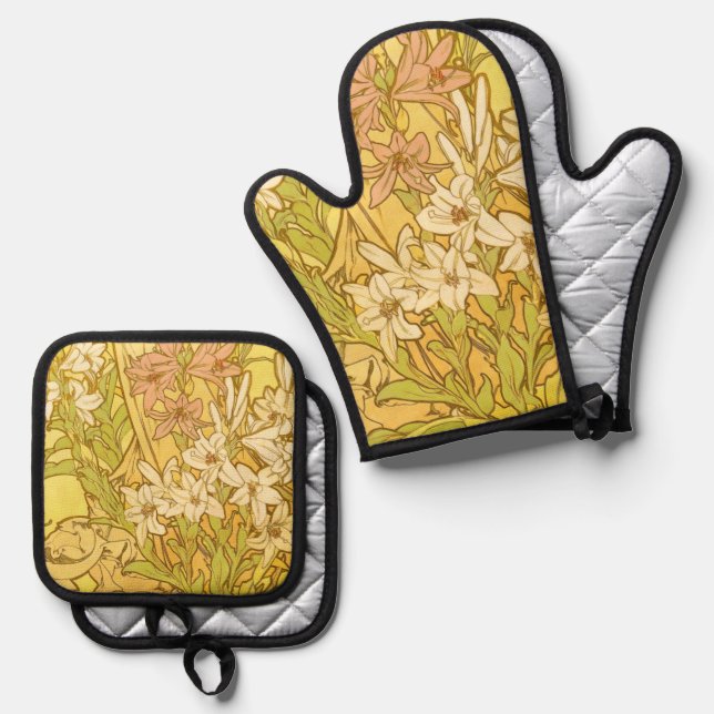 Alphonse Mucha Lily Flowers Pattern: Art Nouveau  Oven Mitt & Pot Holder Set (Front/Back)