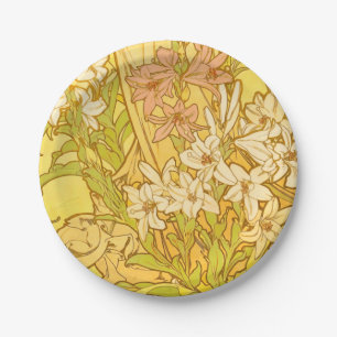 Alphonse Mucha Lily Flowers Pattern: Art Nouveau  Paper Plate