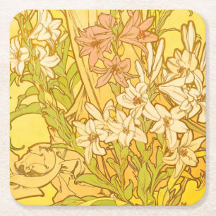 Alphonse Mucha Lily Flowers Pattern: Art Nouveau  Square Paper Coaster