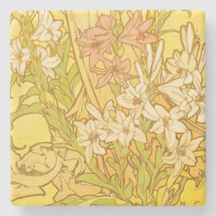 Alphonse Mucha Lily Flowers Pattern: Art Nouveau  Stone Coaster