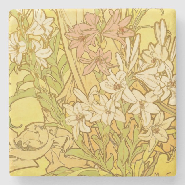 Alphonse Mucha Lily Flowers Pattern: Art Nouveau  Stone Coaster (Front)