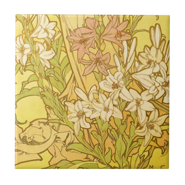 Alphonse Mucha Lily Flowers Pattern: Art Nouveau  Tile (Front)
