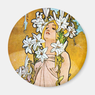 Alphonse Mucha - Lily - White Border Magnet