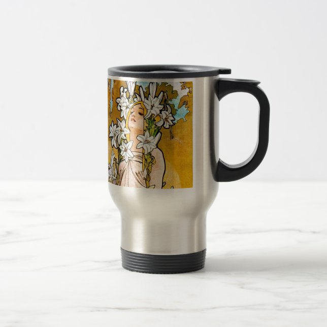 Alphonse Mucha - Lily - White Border Travel Mug (Right)