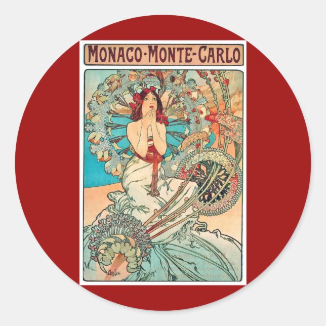 Alphonse Mucha Monaco, Monte-Carlo, 1897 Classic Round Sticker (Front)