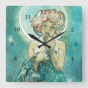 Alphonse Mucha Moonlight Clair De Lune Art Nouveau Square Wall Clock
