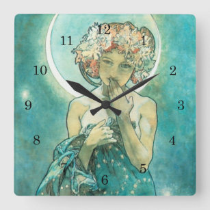 Alphonse Mucha Moonlight Clair De Lune Art Nouveau Square Wall Clock