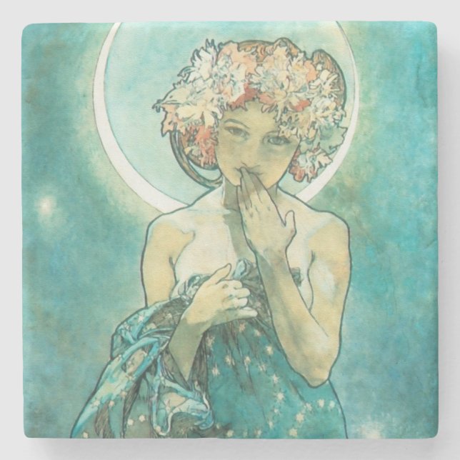 Alphonse Mucha Moonlight Clair De Lune Art Nouveau Stone Coaster (Front)