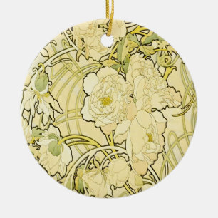 Alphonse Mucha Peonies Art Nouveau Floral Pattern Ceramic Tree Decoration