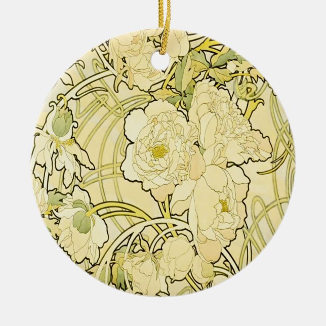 Alphonse Mucha Peonies Art Nouveau Floral Pattern Ceramic Tree Decoration (Front)