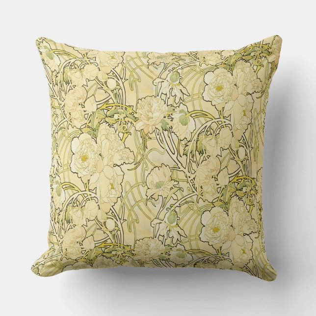 Alphonse Mucha Peonies Art Nouveau Floral Pattern Cushion (Front)