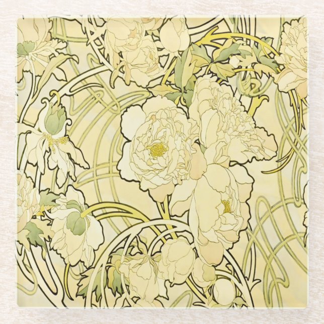 Alphonse Mucha Peonies Art Nouveau Floral Pattern Glass Coaster (Front)