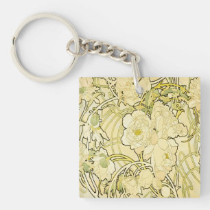 Alphonse Mucha Peonies Art Nouveau Floral Pattern Key Ring