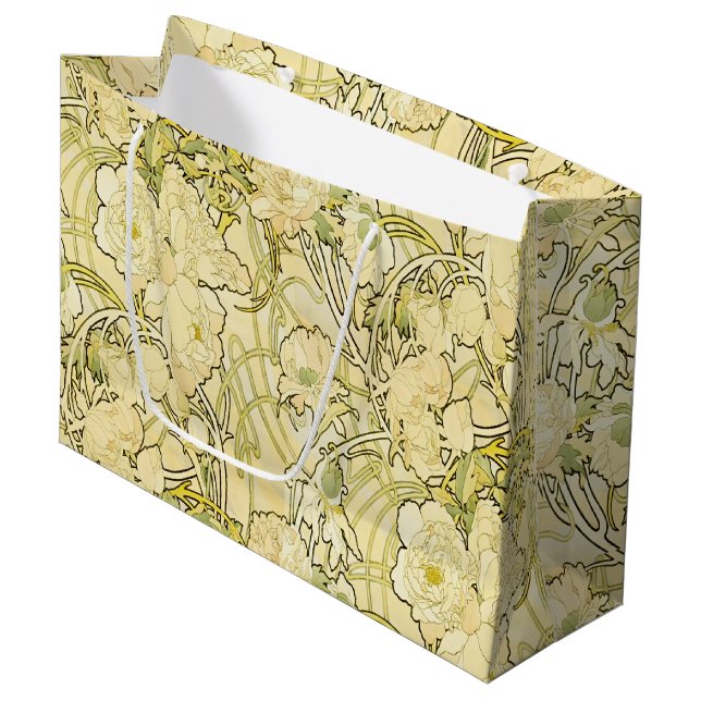 Alphonse Mucha Peonies Art Nouveau Floral Pattern Large Gift Bag (Front Angled)