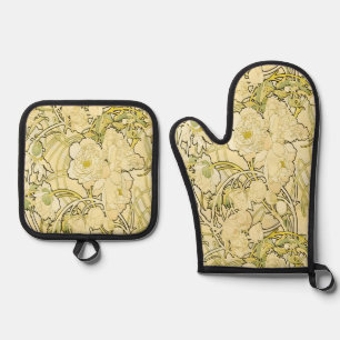 Alphonse Mucha Peonies Art Nouveau Floral Pattern Oven Mitt & Pot Holder Set